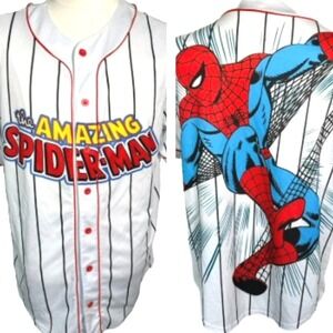 MARVEL Men's Large Amazing Spider-Man Baseball Jersey Button‎ Up Shirt White Red